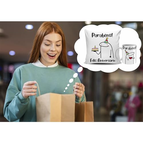Kit Caneca e Almofada Flork Meme Aniversario