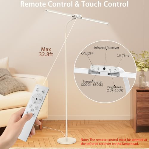 Image of SIBRILLE LED Floor Lamp, 24W Dual Head Dimmable Standing Lamp with Remote & Touch Control, Adjustable Gooseneck, 3000K-6500K Modern Reading Lamp for Living Room, Bedroom, Office & Crafts