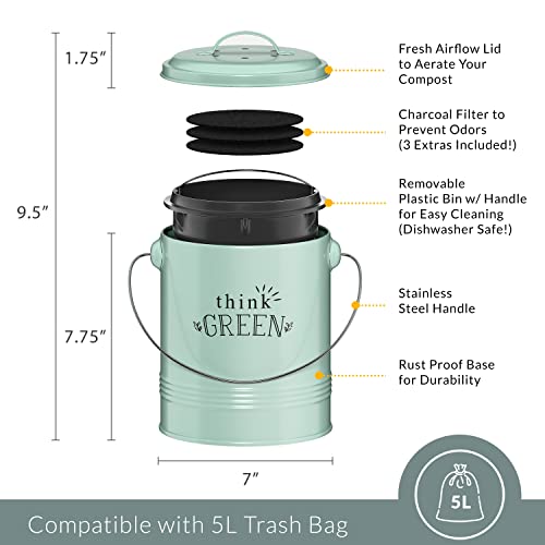 Compost Bin For Kitchen Counter - 1.2 Gallon Countertop Composter With Extra Smell-Absorbing Filters And Inner Bucket For Easy Cleaning - Food Waste Bin For Kitchen With Lid By Barnyard Designs #TOP25