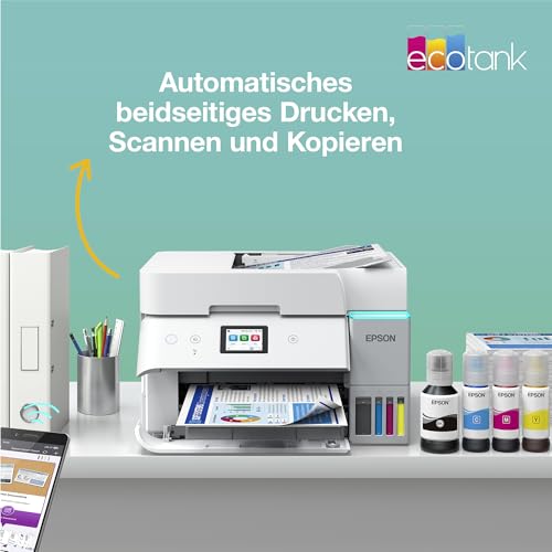Epson EcoTank ET-4956 Tintentankdrucker | fürs Das Home Office | WLAN & Ethernet | A4 | (Duplex-) Druck, Scannen, Kopieren, Faxen | 6.1 cm Touchscreen | ADF | inkl. Tinte für bis zu 3 Jahre