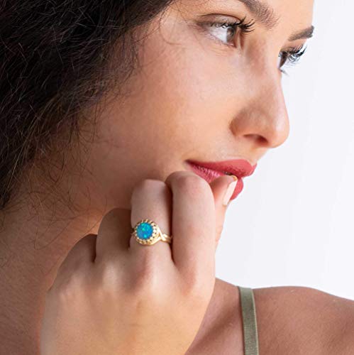 14K Gold Plated Over 925 Sterling Silver Blue Opal Ring - Vintage Style October Libra Birthstone Blue Gemstone Sizable Ring - Classic Handmade Jewelry Gift For Her - Adjustable Dainty Promise Ring #TOP1