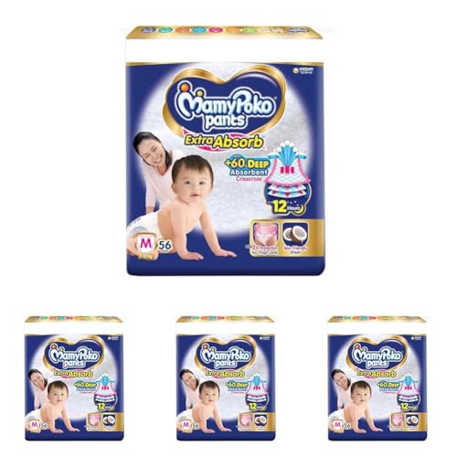 Image of MamyPoko Pants Extra Absorb Baby Diapers, Medium (M Size) | 7-12 kg | 56 Count |Deep Sleep Diapers| Soft Gentle fit |Deep Absorbent Crisscross | Skin Friendly with Coconut Oil | (Pack of 4)