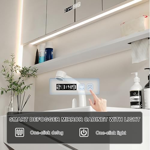 Lighted Bathroom Mirror Cabinet with Storage, Wall-Mounted Anti-Fog Medicine Cabinet, 60x14x80cm, Clock & Room Temperature Display, Modern Design for Home Use