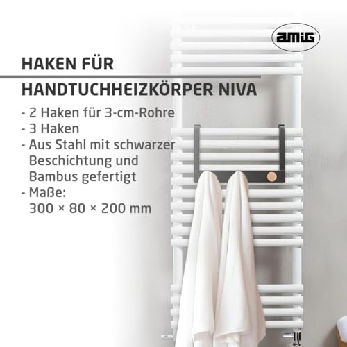 Amig - Handtuchhalter für Badezimmerheizkörper - Schwarzer Handtuchhalter mit Bambushaken - Ohne Bohren - Modernes und minimalistisches Design