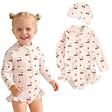 Costume da Bagno per neonata con Cuffia da Nuoto Costume da Bagno a Maniche Lunghe con Stampa Ciliegie Costume da Bagno con Protezione Solare e Cerniera Frontale Costume Intero per Bambina