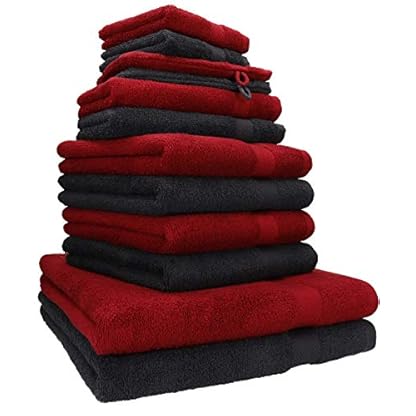 Betz 12-TLG. Handtuch Set Premium 100% Baumwolle 2 Duschtücher 4 Handtücher 2 Gästetücher 2 Seiftücher 2 Waschhandschuhe Farbe rubinrot/Graphit