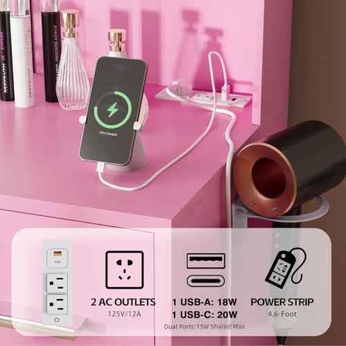 Image of Furmax Vanity Desk with Mirror, LED Lights and Power Outlet Makeup Vanity Table with 7 Drawers and 6 Storage Shelves Dressing Table for Bedroom Dressing Room (Pink)