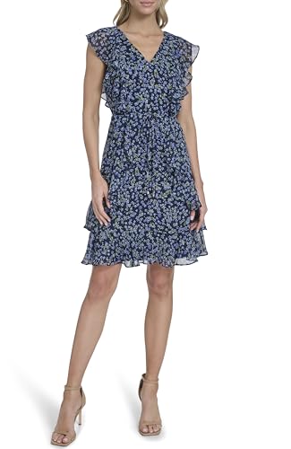 Image of Tommy Hilfiger Women's Sleeveless V-Neck Ruffle Trim Tie Waist Chiffon Mini Dress