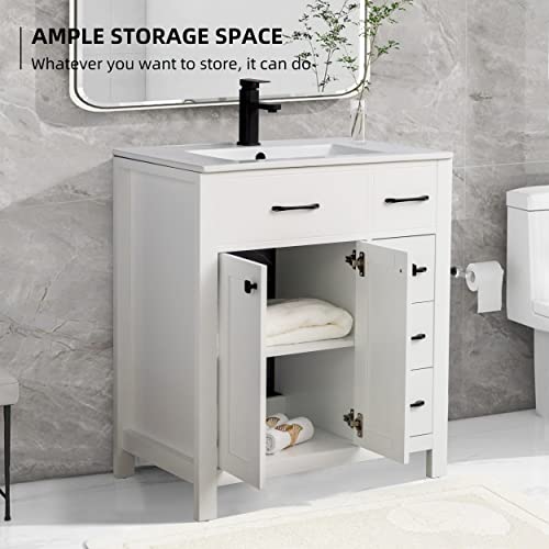 Eclife 30" Bathroom Vanity Cabinet With Undermount Vessel Sink Combo, Modern Mdf Cabinet With Metal Faucet, 2 Doors & 3 Drawers, White #TOP2