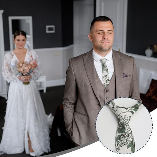 Image of Luckyvestir Ties for Men, Sage Green Cotton Floral Tie 2.76 inch Flower Printed Men's Neckties for Wedding /Groomsmen /Suit /Party