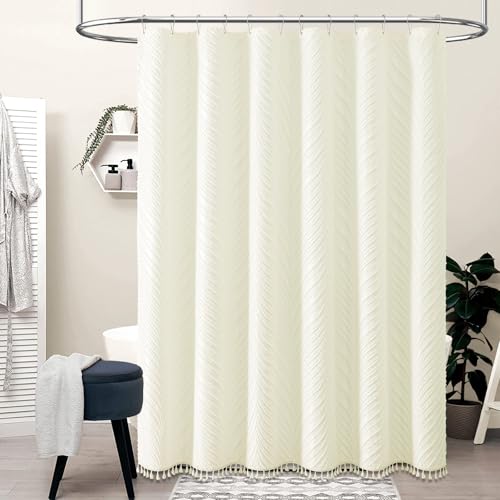 BTTN Cream/Beige Boho Tufted Leaves Textured Striped Shower Curtain, 72x72 by BTTN - Used condition - Image 3