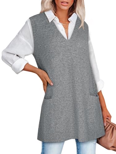 Sweater Vest Women Sleeveless V Neck Oversized Knit Tops Tunic Dress with Pockets Fall Fashion 2025