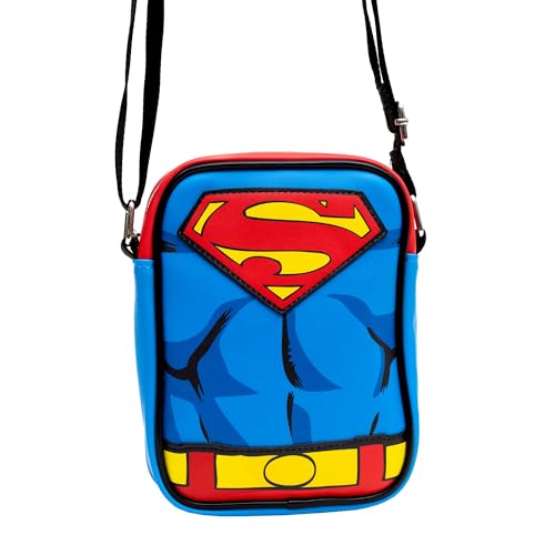 DC Comics Vegan Leather Crossbody Bag with Adjustable Straps, Superman Character Close Up with Super Logo and Belt Appliques, Blue4