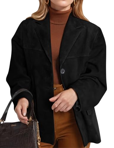 Flygo Womens Faux Suede Blazer Jacket Vintage Long Sleeve Button Down Casual Blazer Business Work Outfits(Black-L)
