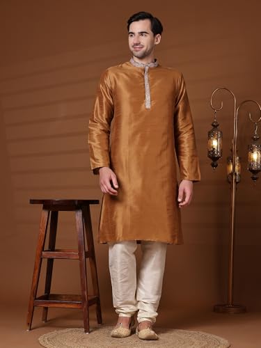 Image of SKAVIJ Men's Art Silk Embroidered Kurta Pajama Set Thread Work Ethnic Motifs Festive Party Dress