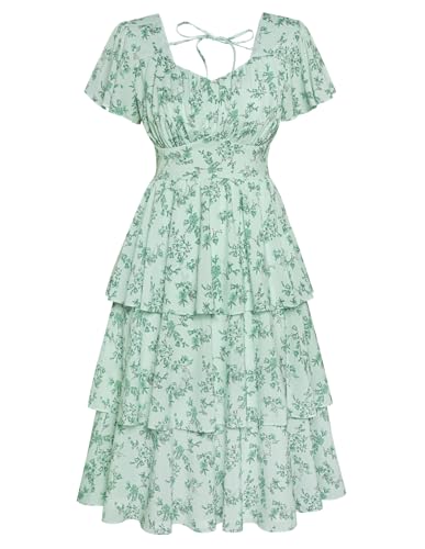 Image of Belle Poque Women's Vintage Square Neck Dress 2026 Summer Short Sleeve Layered Tiered Ruffle A-line Swing Midi Dress