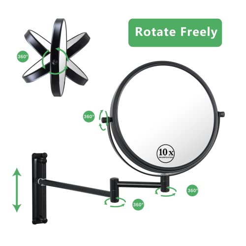 Kacuozx Adjustable Height Double-Sided Mirrors,Wall Mounted Makeup Vanity Mirror,1X/10X Magnifying Mirror For Bathroom,360-Degree Rotation, 180-Degree Retractable Folding (Black) #TOP2