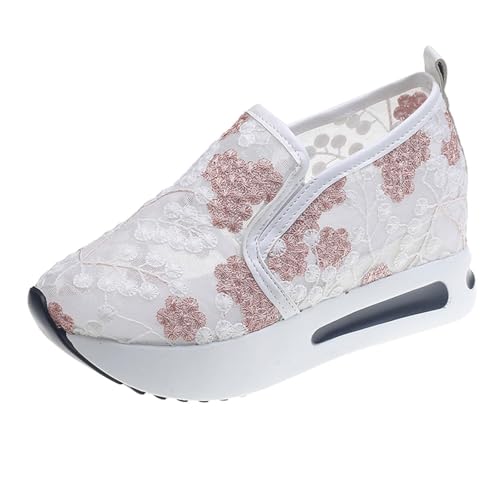Womens Platform Wedge Sneakers Fashion Mesh Floral Embroidery Breathable Slip on Air Comfort Chunky Arch Support Walking Shoes