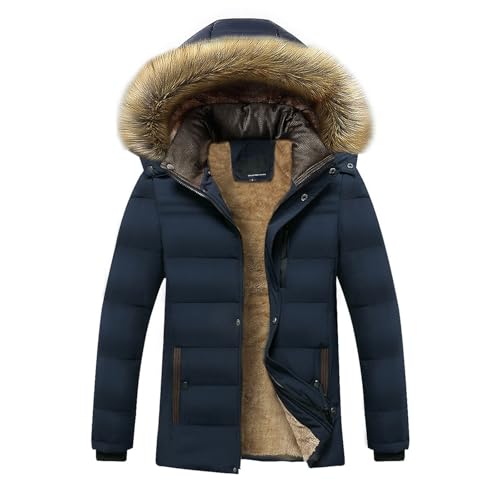 Men's Winter Coat Sherpa Fleece Lined Warm Parka Jacket with Faux Fur Trim Hood Windproof Thicken Winter Puffer Coats Blue