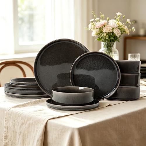 Image of Dinnerware Sets for 4, ceramics Plates and Bowls Set, 12-Piece Modern Stoneware Dinnerware - Chip Resistant, Non-Toxic, Dishwasher and Microwave Safe Tableware, Black