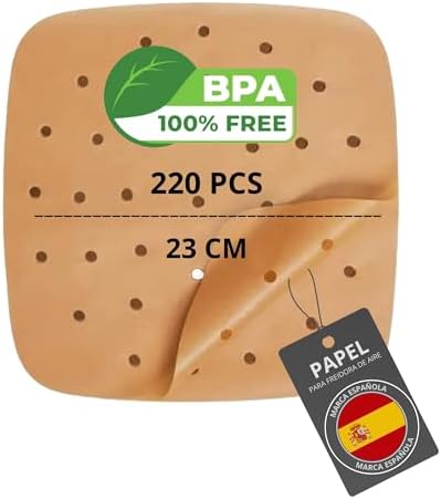200/220 Piezas Papel Freidora Aire de 20-24cm BPA Free | Accesorios Air Fryer en Formato Cuadrado y Plano | Compatible para 5-7 Litros. (220 Unidades Planas)