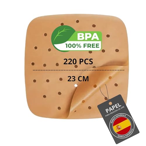 200/220 Piezas Papel Freidora Aire de 20-24cm BPA Free | Accesorios Air Fryer en Formato Cuadrado y Plano | Compatible para 5-7 Litros. (220 Planas)