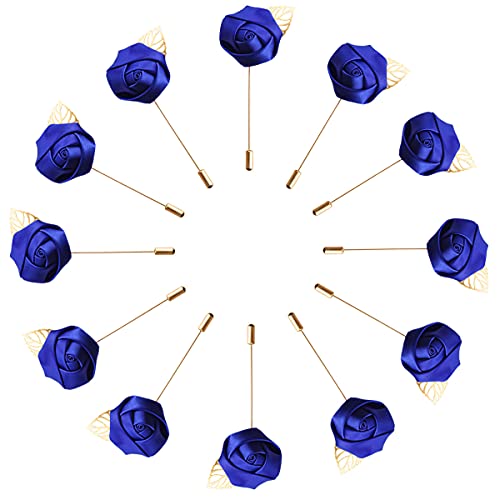 Chamvino 12Pcs Men's Fashion personality Gold Leaf Rose Flower Brooch stick wedding suit chest accessories Host's corsage (Blue)