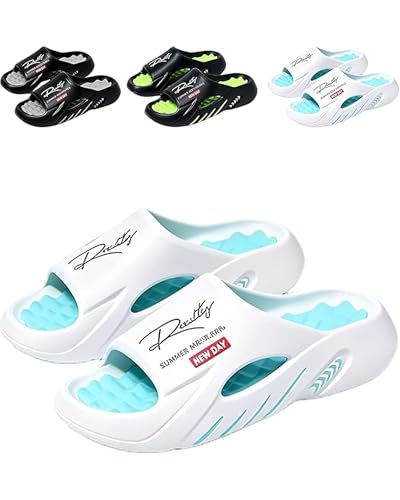 Non-Slip Thick Sole Cloud Slides for Men, Comfortable Cushion Slippers Arch Support Lightweight Open Toe Indoor Outdoor (White & Blue, US Footwear Size System, Adult, Men, Numeric, Medium, 8.5)