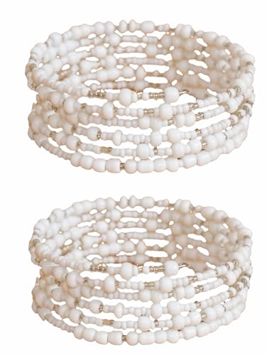 TEMBO AFRICA Set of 2 Handmade Beaded Bracelets for Women - Wrap Bracelets - Boho Jewelry Gifts - White