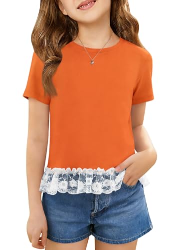 Girls Short Sleeve T Shirts Kids Cute Lace Hem Crewneck Summer Tops Tees 5-14 Years Orange