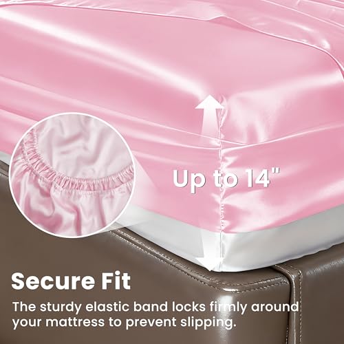 Image of Love's cabin Satin Full Sheets Set - 6 Piece Pink Silky Bed Sheets Set with Deep Pocket, Luxury Silk Feel Satin Full Size Sheet Set (1 Flat Sheet, 1 Fitted Sheet, 4 Pillow Cases)