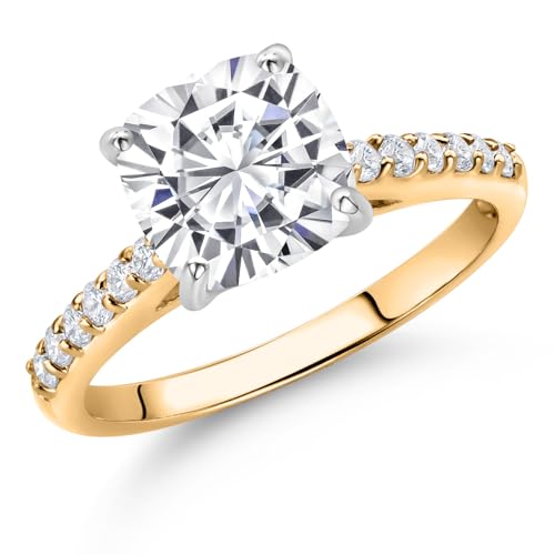 Gem Stone King 10K Yellow Gold 8MM Cushion Cut White Moissanite and White Lab Grown Diamond Engagement Ring For Women (2.58 Cttw, Available In Size 5, 6, 7, 8, 9)3