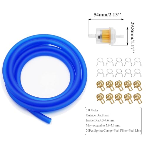 Image of PRO BAT 16.4-Ft 0.2'' I.D. Gas Fuel Line Tube+20pcs 0.35 inch I.D. Hose Clamps | 2pcs Fuel Filters for ATV Dirt Bike Go Kart Moped Pocket Bike Chinese Scooter Stratton Small Engines Blue