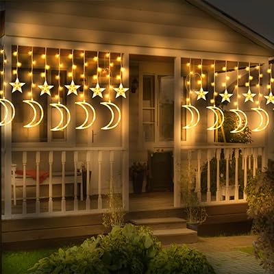 Qillnyy 138 LED Ramadan lichterkette, 5,5 m/8 Modi,Stern-Mond lichterketten vorhang für Außen/Innen, Wasserdicht IP65 und Speicherfunktion für Ramadan, Party, Balkon Dekorationen