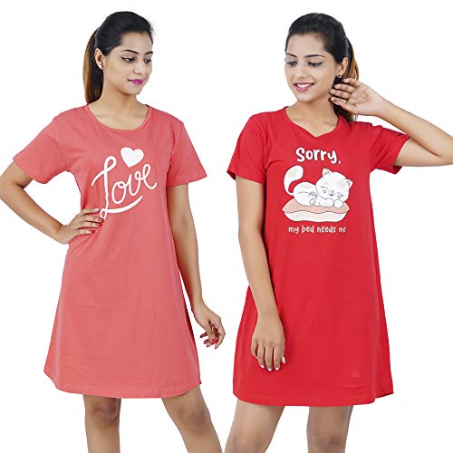 Image of Buy That Trendz Women's Cotton Graphic Print Knee Length Short Night Dress Long Tshirt (Pack of 2)