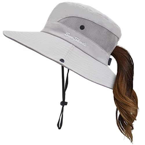 Womens Ponytail Sun Hat Outdoor Uv Protection Foldable Mesh Bucket Hats Wide Brim Summer Beach Fishing Cap Pure Light Grey #TOP18