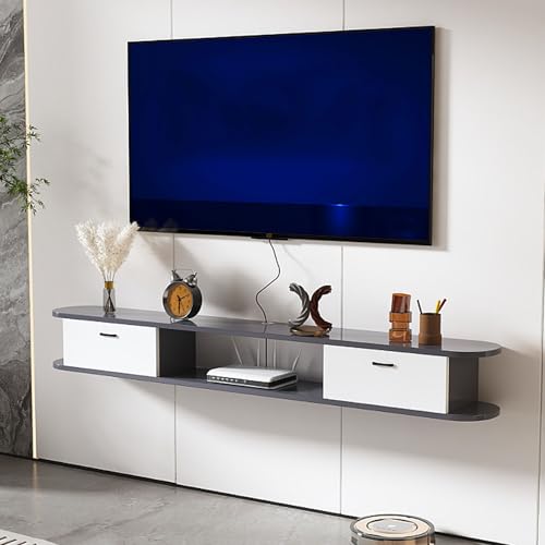Schwebender TV-Ständer,Wandmontierte TV-Regale Mit 2 schubladen,Offene Ablage, TV-Medienkonsole, Schwebender TV-Schrank,TV-Bank Mit Stauraum Unter Dem Fernseher(03,L 59'(150CM))