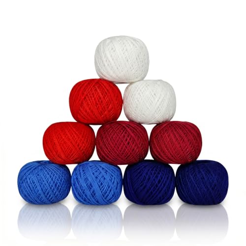 KGS Crochet Thread Cotton Yarn Balls | Size 8 | 10 Balls | 10 Grams Each Ball | Total 100 Grams of Pearl Cotton Thread for Crocheting, Hardanger, Needlepoint Hand Embroidery (Patriotic Hues)