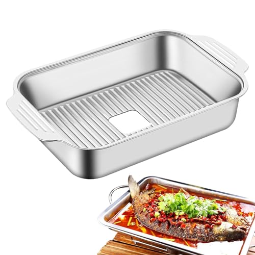 Fulenyi Sartén para asar con tapa, Plancha plana de acero inoxidable - Placa de parrilla rectangular - Bandeja de metal para mariscos, contenedor de comida, bandejas de barbacoa para cocina interior,