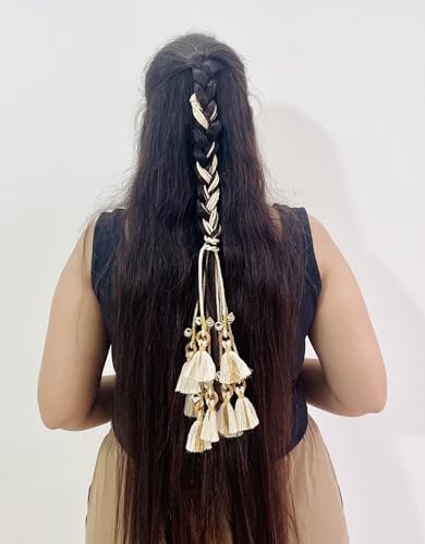 Image of Zippy Flora Handmade Shankh Boho Parandi | | Traditional Hair Accessory with Tassles | Hair Extension |Women's Patiala Shahi Paranda | Choti |Shankh Parandi (Off-white) | 22 Inches Length