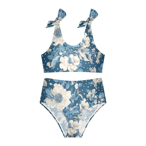Vintage Blue Dots Floral Pattern Girls Two Piece Kids Bikini Set Scoop Neck Bathing Suit Swimwear Adjustable Strap3