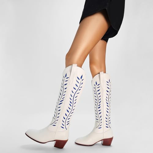 Yishaweiqi Embroidered Cowboy Boots for Women Almond Round Toe Chunky Heel Cowgirl Boots Pull On Knee High Western Boots with Contrast Foliage Inlay2