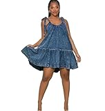 Vestido de verano con tirantes delgados para mujer, ropa de verano, sin mangas, con volantes, azul vaquero, XXL