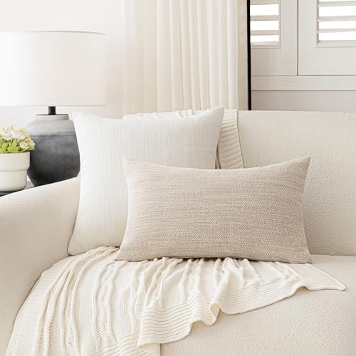 Image of Foindtower Set of 2 Decorative Textured Burlap Linen Throw Pillow Covers Farmhouse Boho Cushion Cover Solid Accent Pillowcase for Couch Sofa Bed Living Room Home Decor,20x20 Inch,Cream White