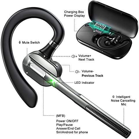 OICGOO Bluetooth V5.1 Headset Wireless Earpieces with Noise Cancelling Microphone Hands-Free Earphone Headphones with Battery Display Charging Case, Compatible with iPhone Android PC and iPad