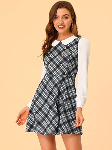 Image of Allegra K Women's Peter Pan Collar Contrast Color Button Decor A-Line Preppy Plaid Mini Dress Small Black