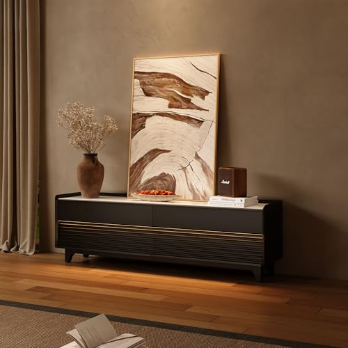 Image of POVISON Fully-Assembled Mid Century Glossy Sintered Stone Tabletop TV Stand with Legs, Wood Media Console with Adjustable LED Light for 65-inch TVs, Entertainment Center with Storage for Living Room