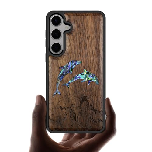 Coque Galaxy S25 gravure bois et incrustation coquille de noyer