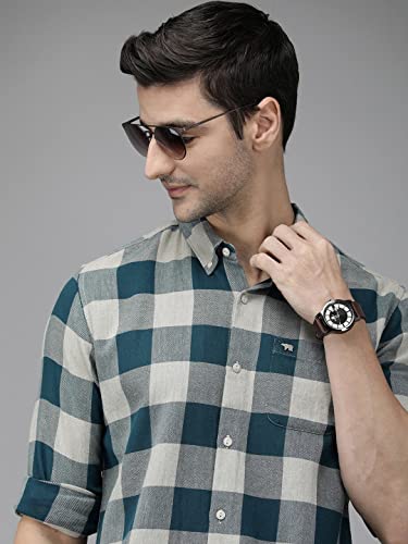 Image of THE BEAR HOUSE Men's Cotton Teal Blue Pure Cotton Checked Slim Fit Flannel Shirt | 3XL |TBH-JUUL-TL-3XL |