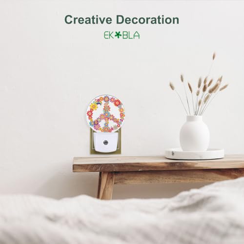 Image of EKOBLA Peace Sign Night Light, Colorful Flower and Love Theme Night Lights Plug Into Wall with Auto Sensor for Home Indoor Decor